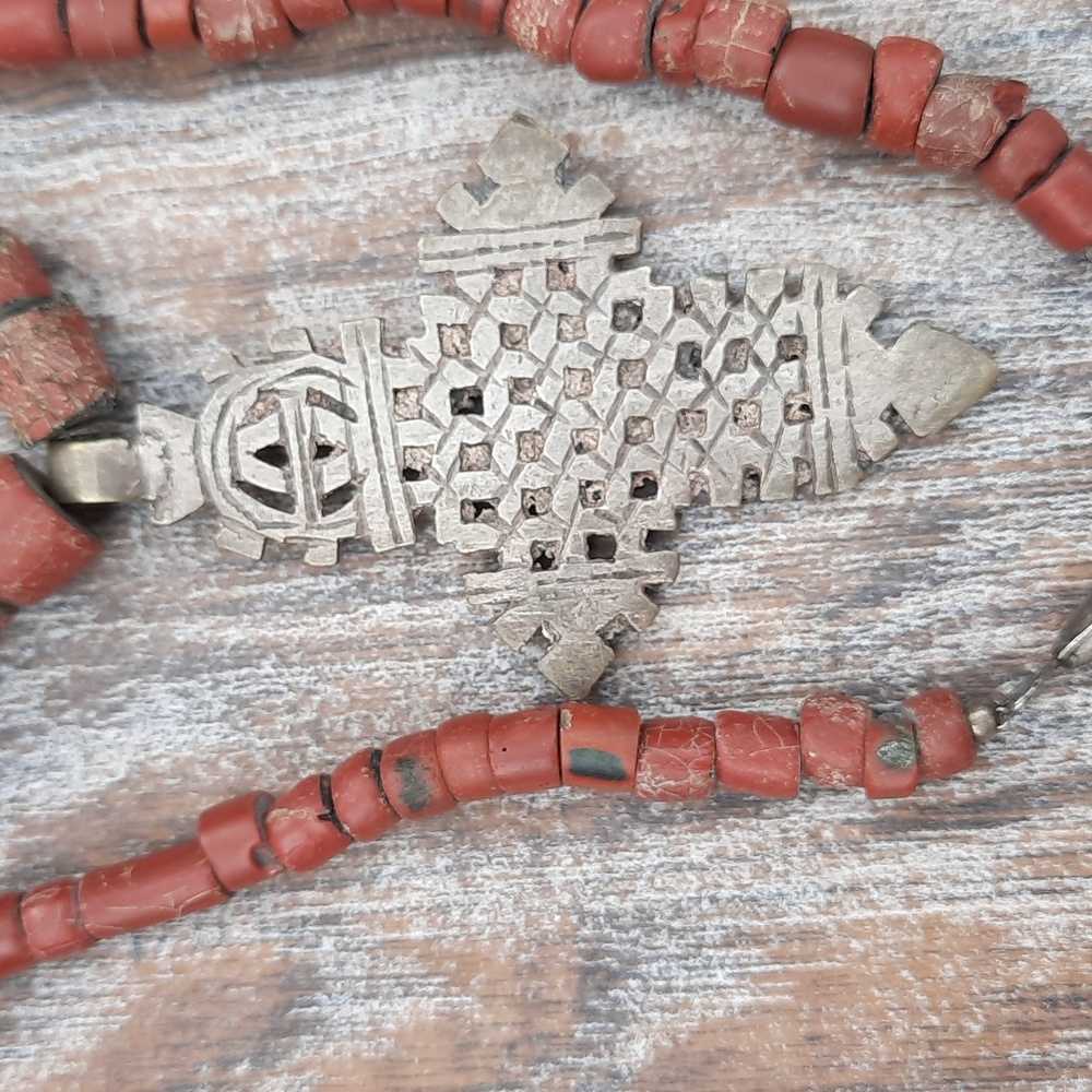 Coptic Cross Strung With Rustic Red Beads - Picture 3 of 4